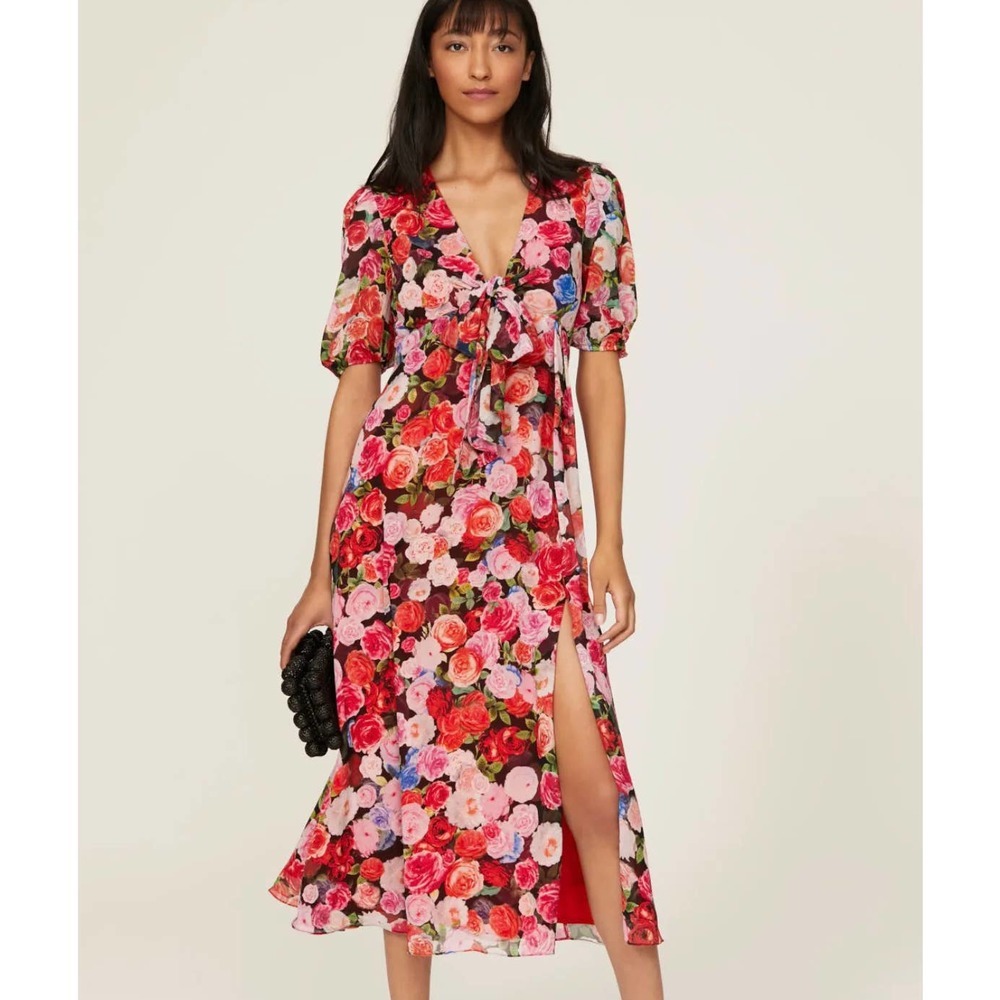 Ieena for MacDuggal 4 Puff Sleeve Shift Dress Red Floral Side Slit V Neck - Picture 1 of 9